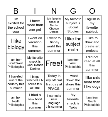 First Day of School Bingo Card