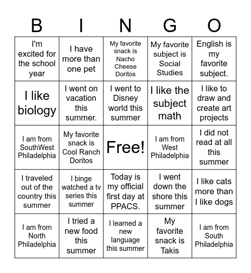 First Day of School Bingo Card