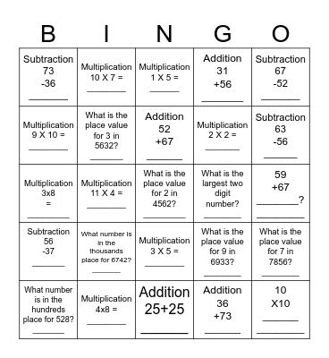 Level 3 Math Review Bingo Card