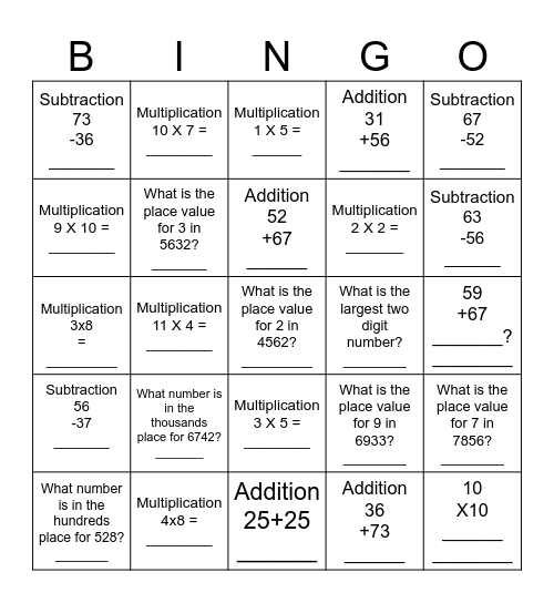 Level 3 Math Review Bingo Card