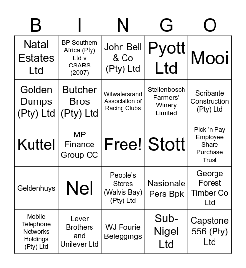 Gross Income and General Deductions Bingo Card