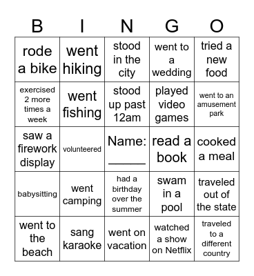 What did you do over the Summer!!!! Bingo Card