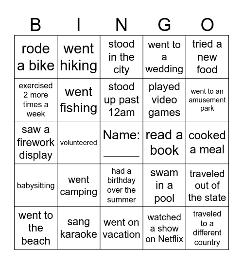 What did you do over the Summer!!!! Bingo Card