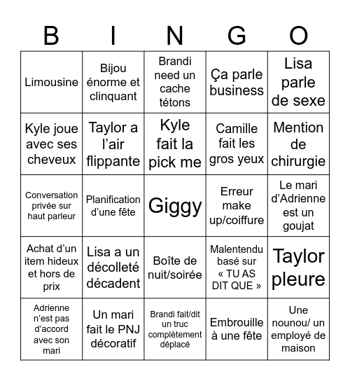 Real Housewives of Beverly Hills Bingo Card