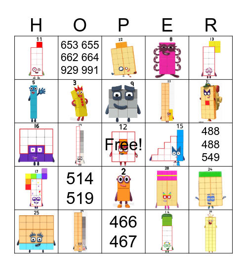 Number blocks Bingo Card