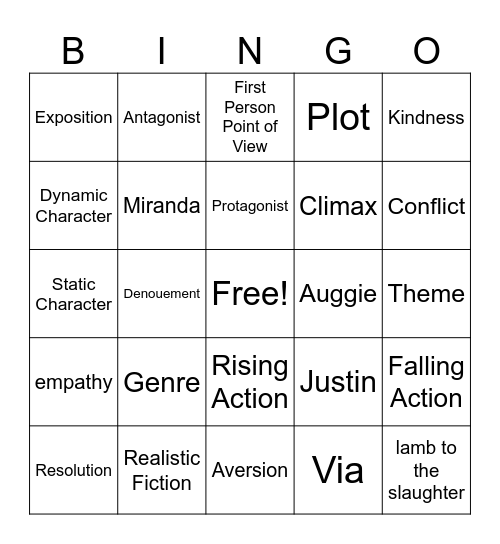 Lit Terms/ Wonder 5th Grade Bingo Card
