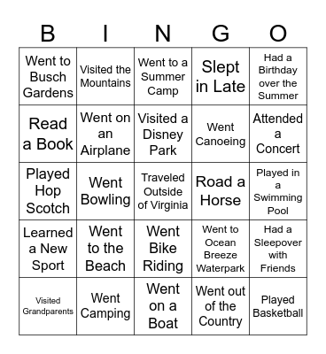 Welcome Back Fitness Bingo Card