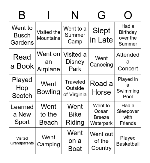 Welcome Back Fitness Bingo Card