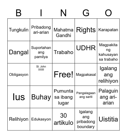 Karapatan at Tungkulin Bingo Card