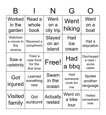 Summer Holiday Bingo Card
