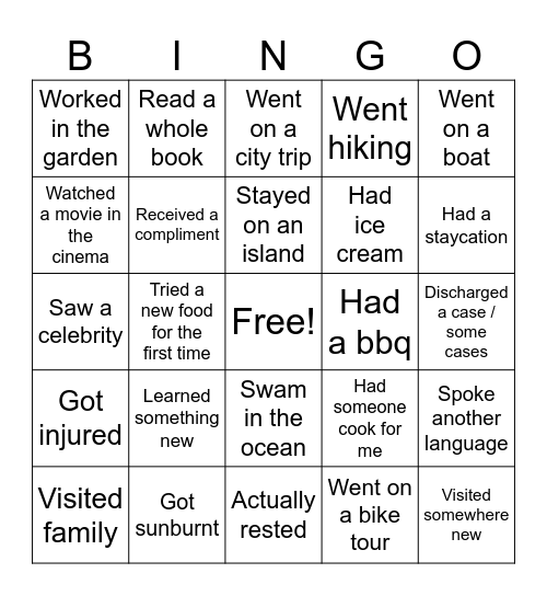 Summer Holiday Bingo Card