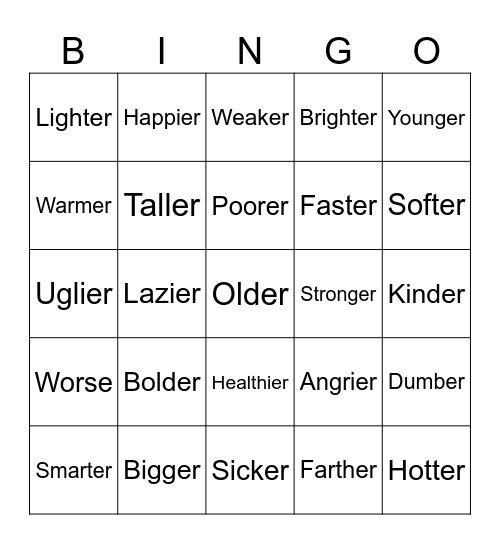 Comparative Adjective Bingo Card