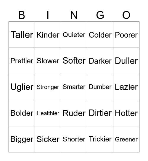 Comparative Adjective Bingo Card