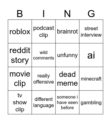 youtube shorts bingo Card