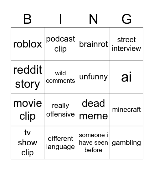 youtube shorts bingo Card