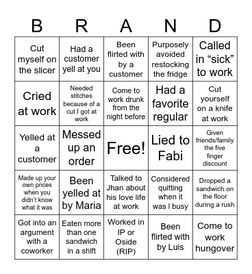 Brands Deli Bingo Card