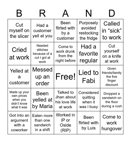 Brands Deli Bingo Card