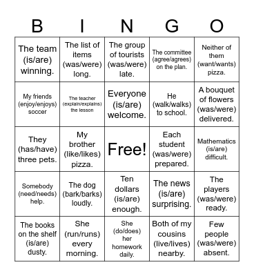 Subject Verb Agreement Bingo Card