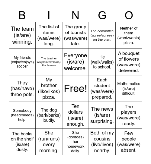 Subject Verb Agreement Bingo Card