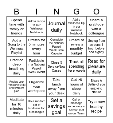 Healthy Earnings Bingo Card