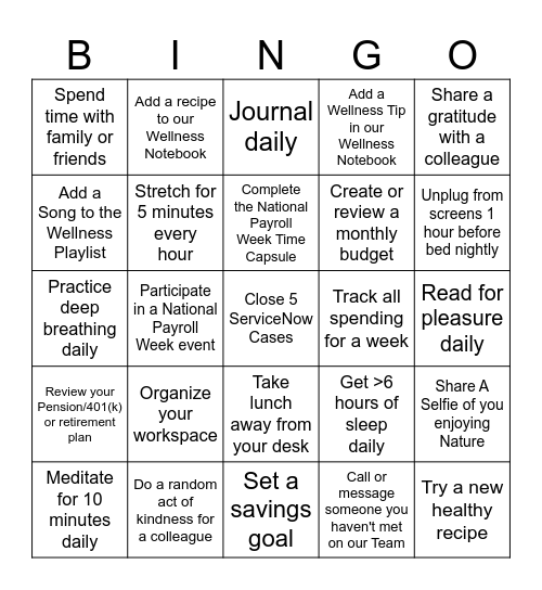 Healthy Earnings Bingo Card
