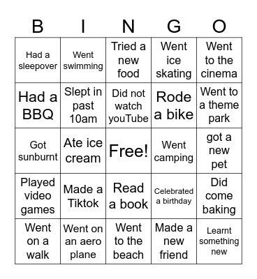 summer holidays Re Bingo Card