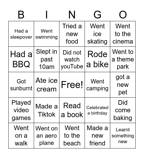 summer holidays Re Bingo Card