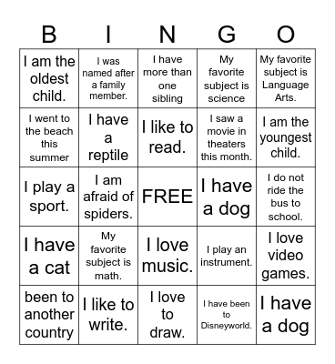 First Day Bingo Card