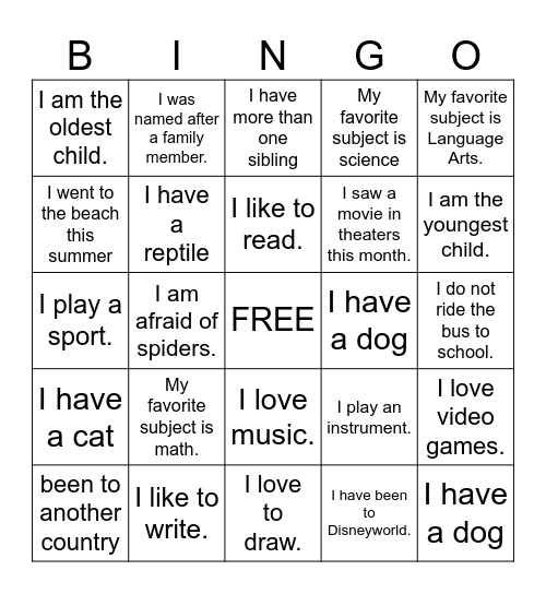 First Day Bingo Card