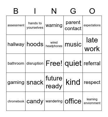 7th Grade Expectations Bingo Card