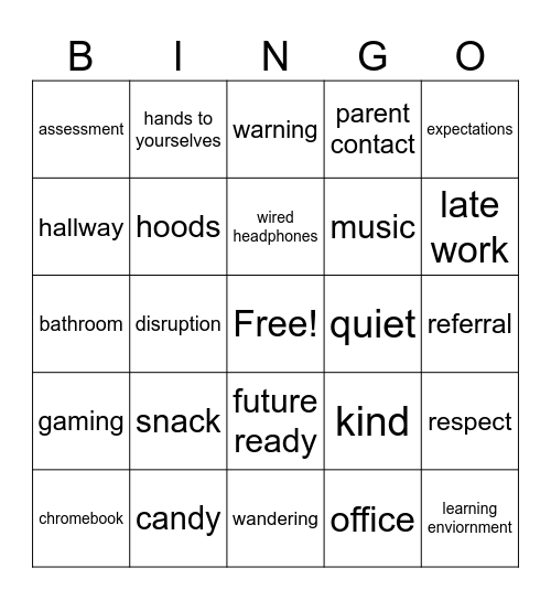 7th Grade Expectations Bingo Card