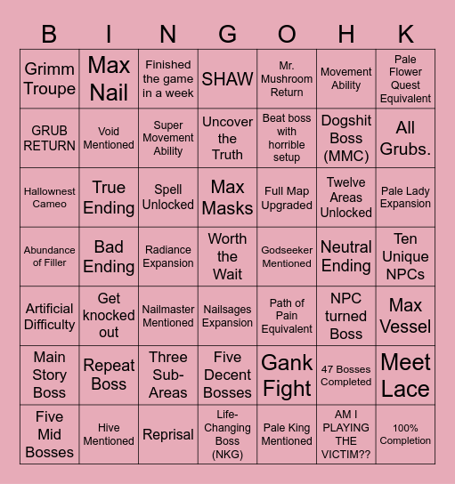 Silksong Bingo Card