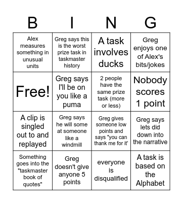 Taskmaster Bingo Card