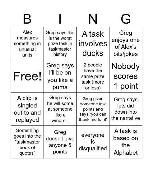 Taskmaster Bingo Card