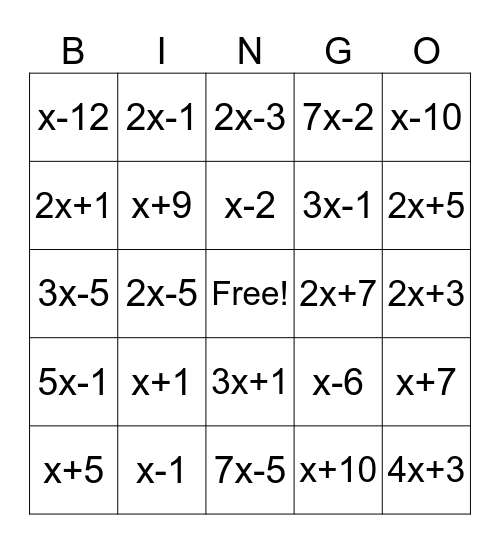 Factoring Bingo Card