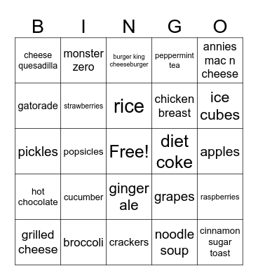Avery’s Safe Foods Bingo Card