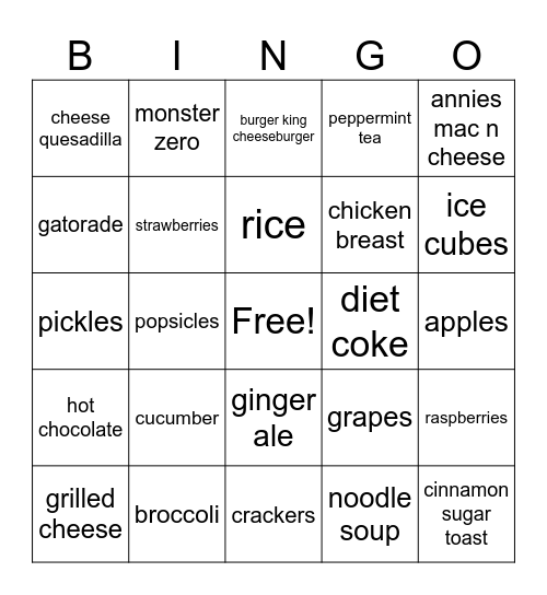 Avery’s Safe Foods Bingo Card