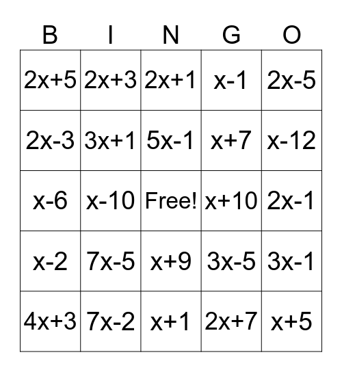 Factoring Bingo Card