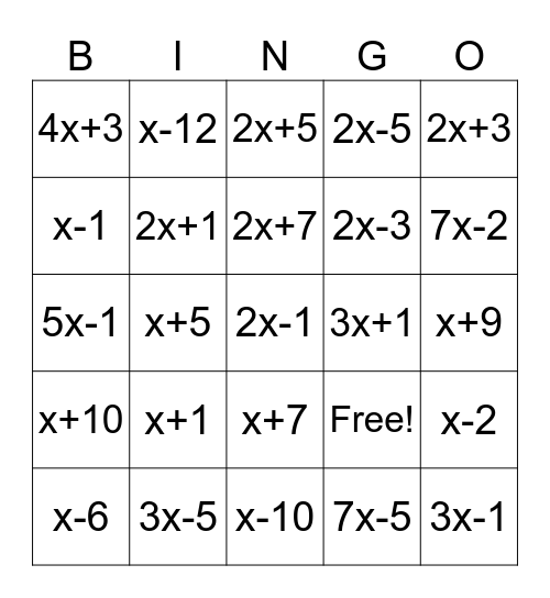 Factoring Bingo Card
