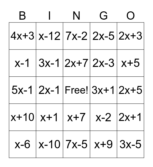Factoring Bingo Card