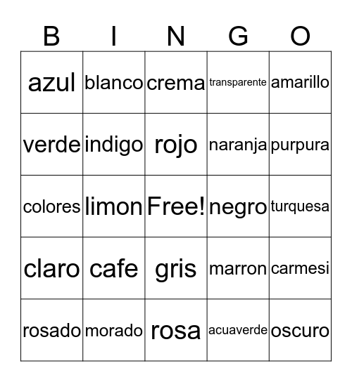 colores Bingo Card