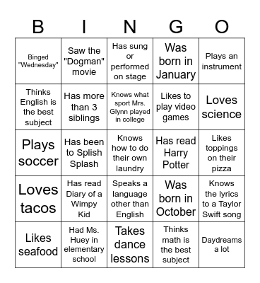 First Day of School! Bingo Card