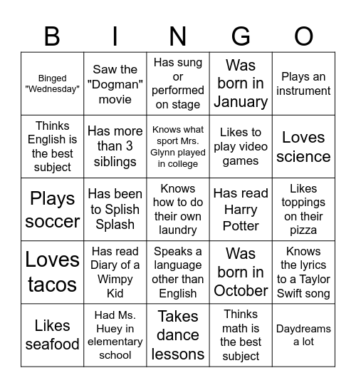 First Day of School! Bingo Card