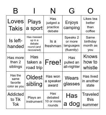 Debater Bingo Card