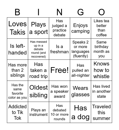Debater Bingo Card