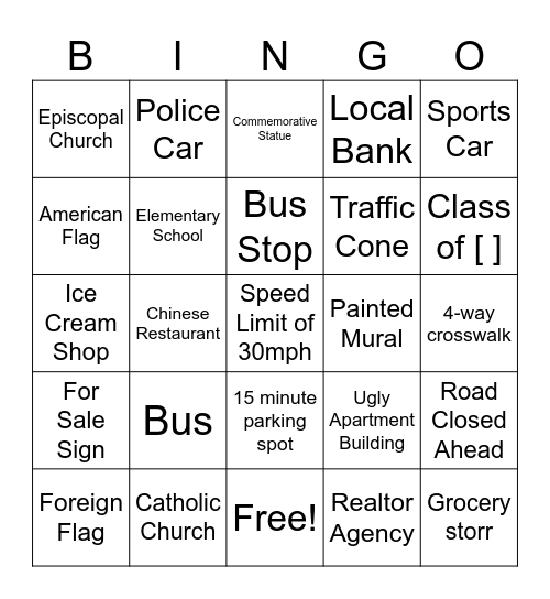 Suburban Bingo Card