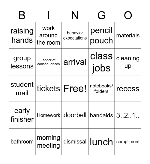 Routines and Expectations Bingo Card
