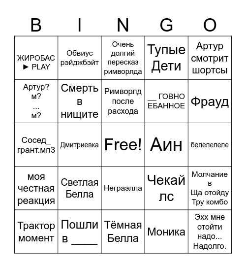 [[Cuck chair]] Глеба и Артура Бинго Bingo Card