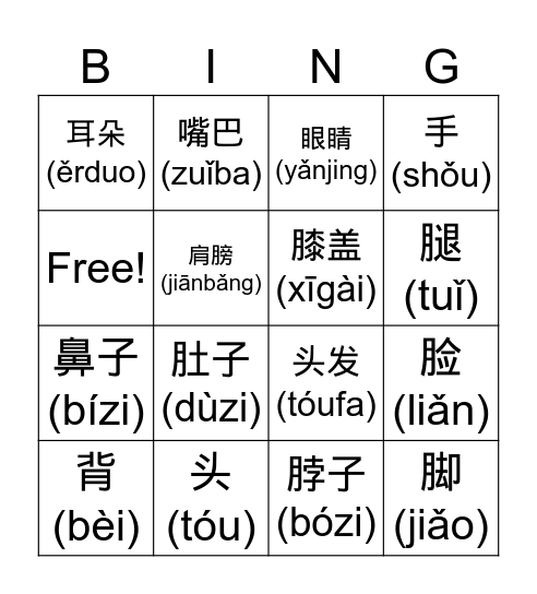 Body Names Bingo Card