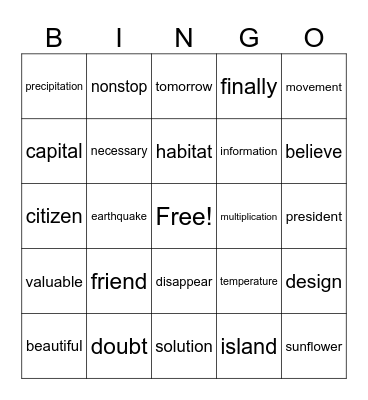 Vocabulary Bingo Card